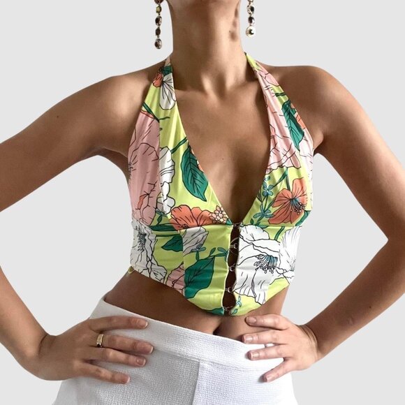 AFRM | Pink & green floral backless Ramona halter tropical crop top | Size S - Picture 1 of 7